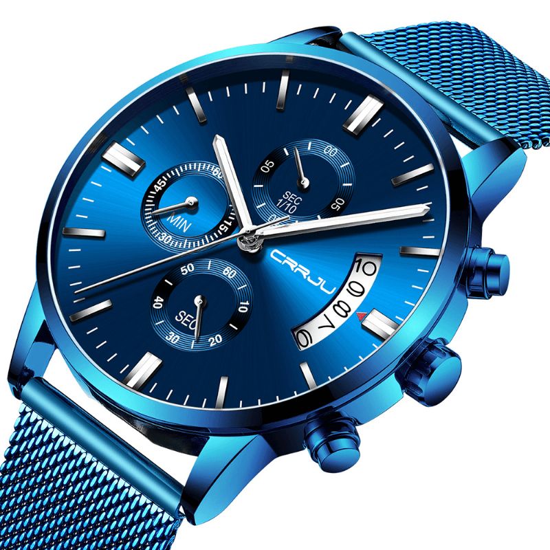 2273 Hommes Mode Cadran Bleu Pleine Maille Bracelet En Acier Sport Horloge Étanche Montre À Quartz