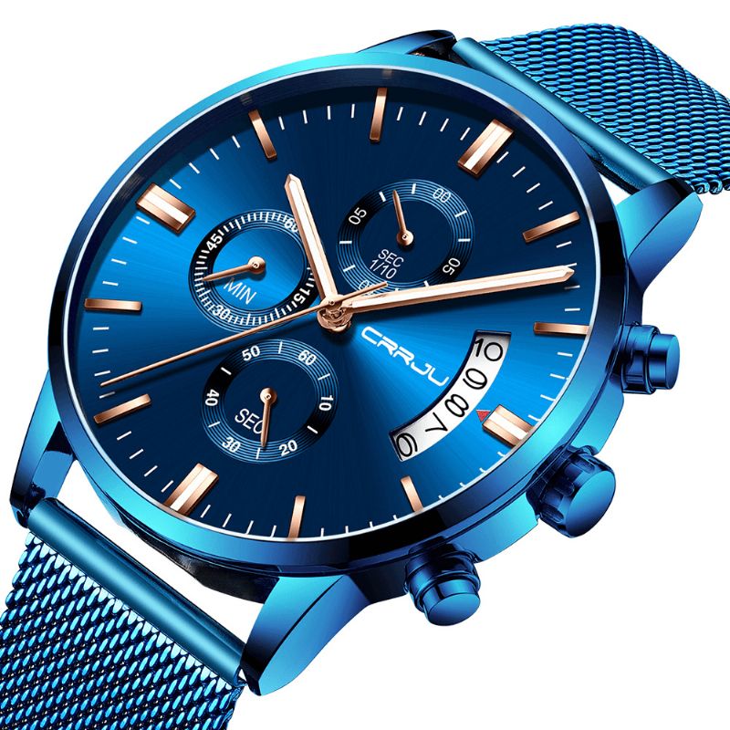 2273 Hommes Mode Cadran Bleu Pleine Maille Bracelet En Acier Sport Horloge Étanche Montre À Quartz