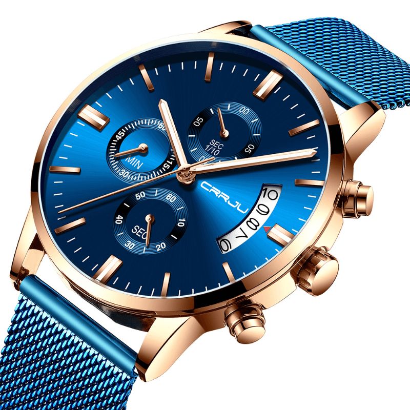 2273 Hommes Mode Cadran Bleu Pleine Maille Bracelet En Acier Sport Horloge Étanche Montre À Quartz