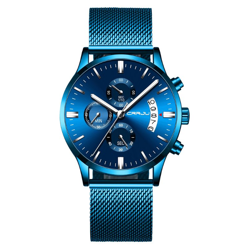 2273 Hommes Mode Cadran Bleu Pleine Maille Bracelet En Acier Sport Horloge Étanche Montre À Quartz