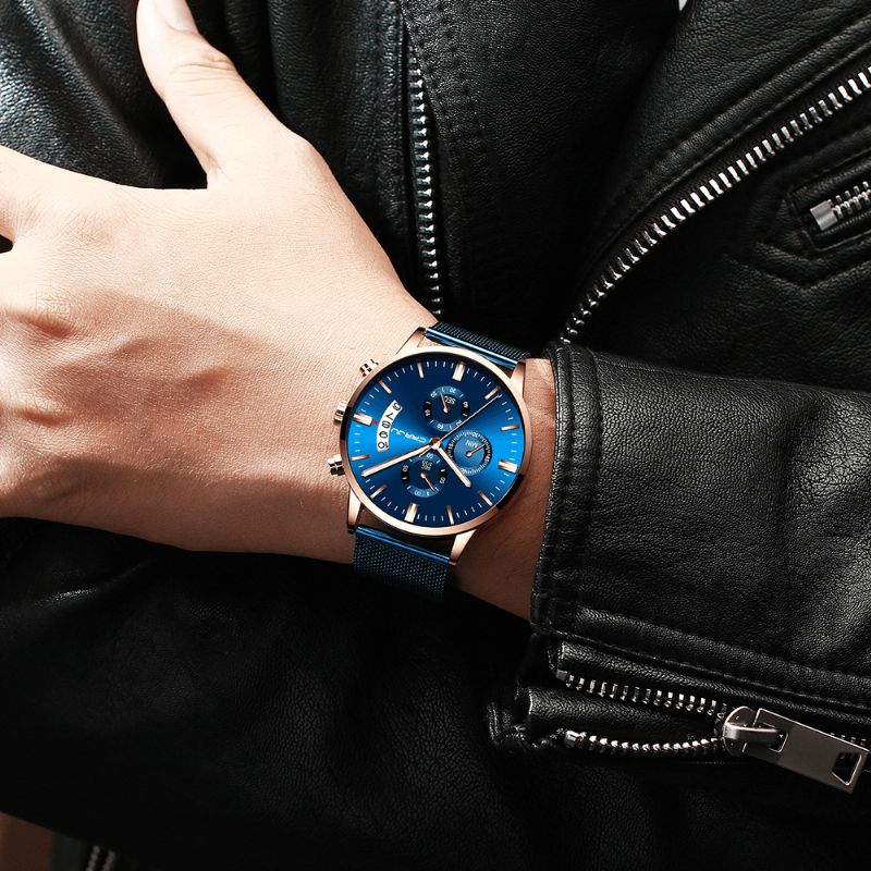 2273 Hommes Mode Cadran Bleu Pleine Maille Bracelet En Acier Sport Horloge Étanche Montre À Quartz