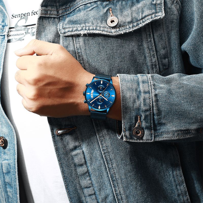 2273 Hommes Mode Cadran Bleu Pleine Maille Bracelet En Acier Sport Horloge Étanche Montre À Quartz