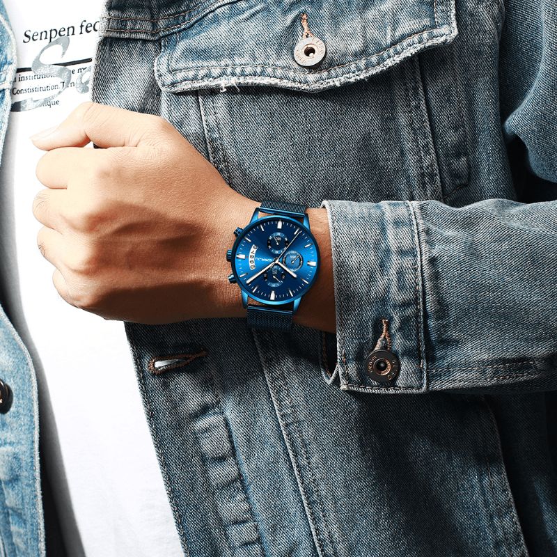 2273 Hommes Mode Cadran Bleu Pleine Maille Bracelet En Acier Sport Horloge Étanche Montre À Quartz