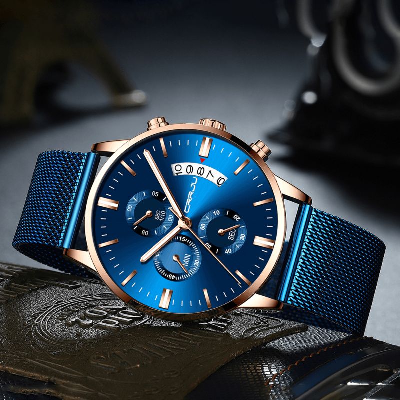 2273 Hommes Mode Cadran Bleu Pleine Maille Bracelet En Acier Sport Horloge Étanche Montre À Quartz