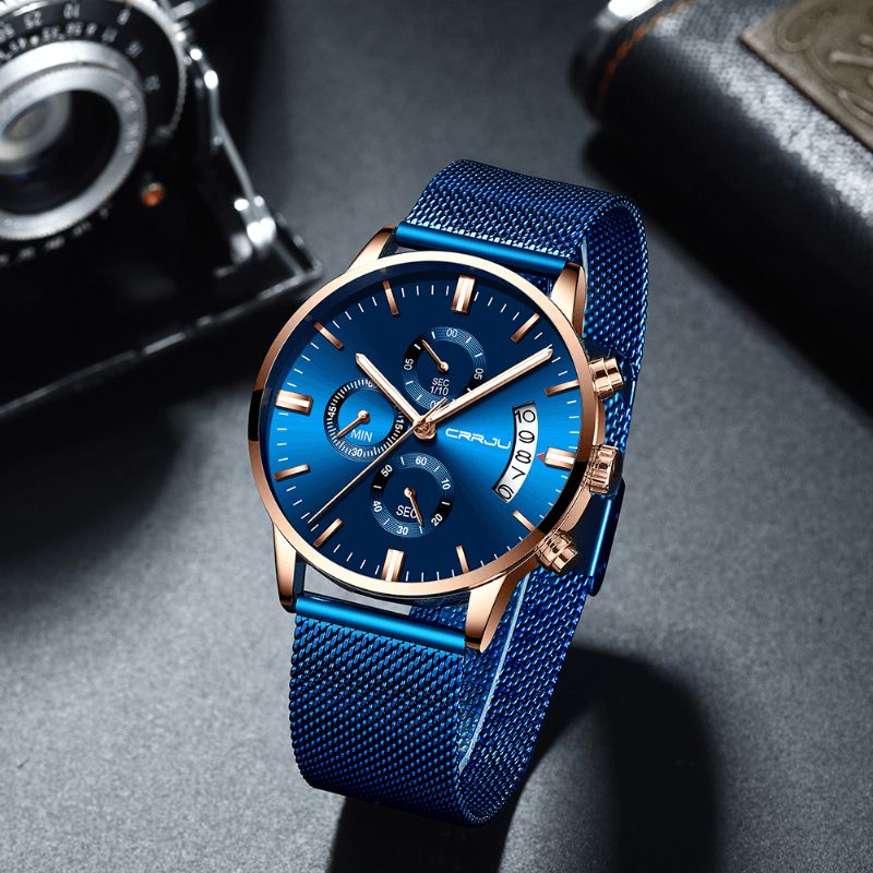 2273 Hommes Mode Cadran Bleu Pleine Maille Bracelet En Acier Sport Horloge Étanche Montre À Quartz