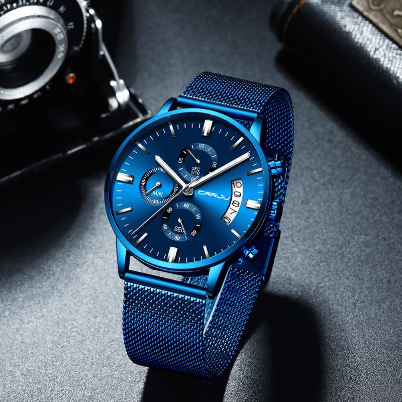 2273 Hommes Mode Cadran Bleu Pleine Maille Bracelet En Acier Sport Horloge Étanche Montre À Quartz