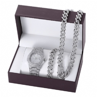 3 Pièces/ensemble De Luxe Mode Hommes Montre Ensemble Incrusté Strass Bracelet En Acier Quartz Montre Collier Bracelet