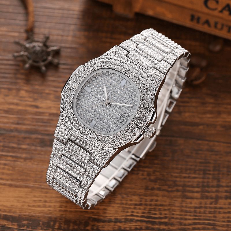 3 Pièces Hommes Montre Ensemble Incrusté De Diamants Acier Bande Quartz Montre Collier Bracelet Bijoux Cadeau Kit