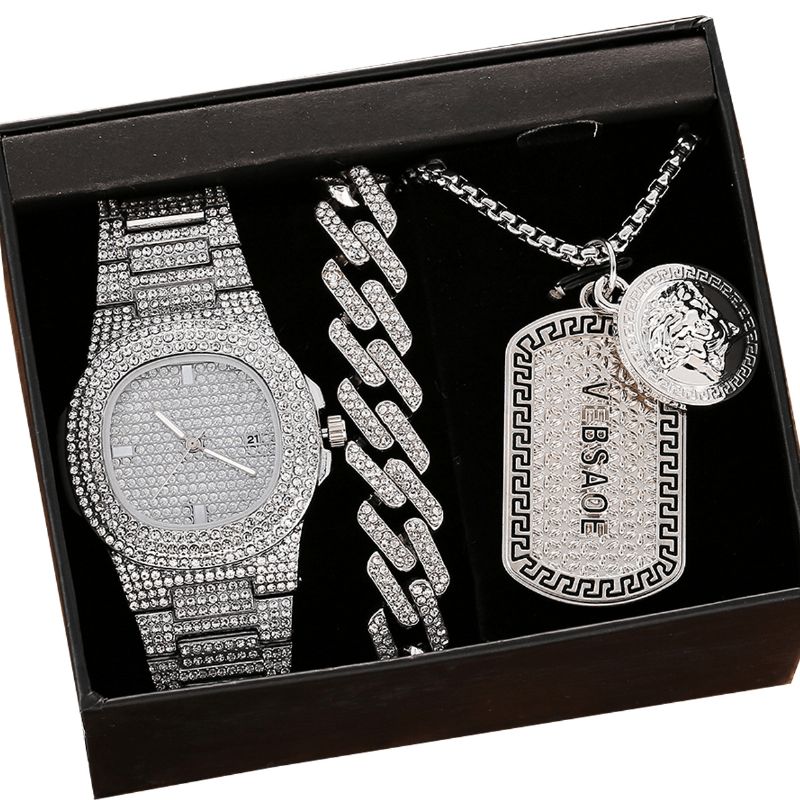 3 Pièces Hommes Montre Ensemble Incrusté De Diamants Acier Bande Quartz Montre Collier Bracelet Bijoux Cadeau Kit