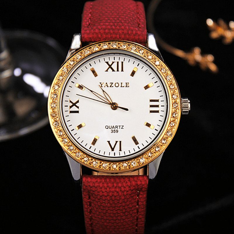 359 Mode Femmes Montre À Quartz Rétro Cristal Or Luxe En Cuir Véritable Montre Dames Montre