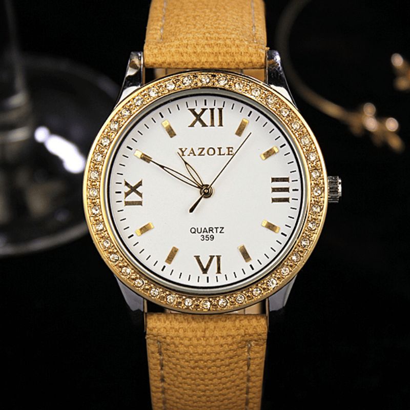 359 Mode Femmes Montre À Quartz Rétro Cristal Or Luxe En Cuir Véritable Montre Dames Montre