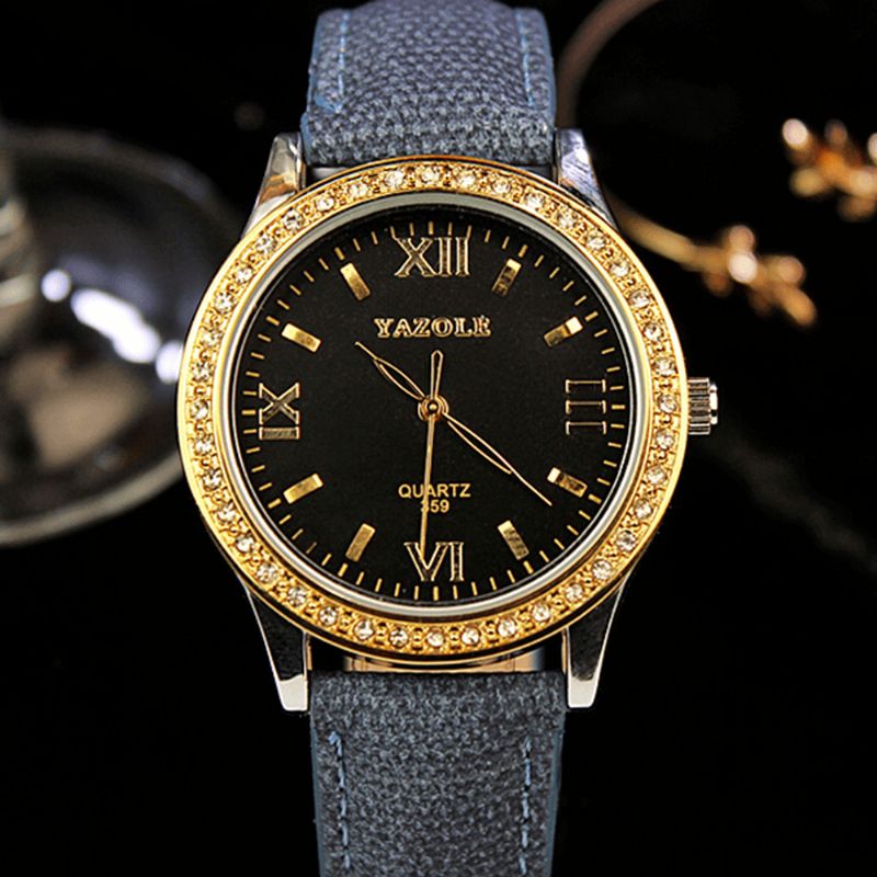 359 Mode Femmes Montre À Quartz Rétro Cristal Or Luxe En Cuir Véritable Montre Dames Montre