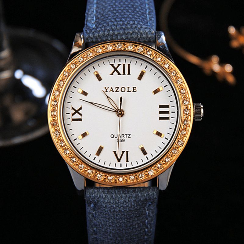 359 Mode Femmes Montre À Quartz Rétro Cristal Or Luxe En Cuir Véritable Montre Dames Montre