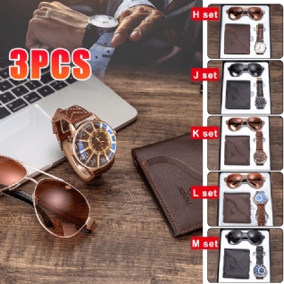 3pcs Men's Mode Gift Set Business Style Quartz Montre+wallet+sunglasses Set