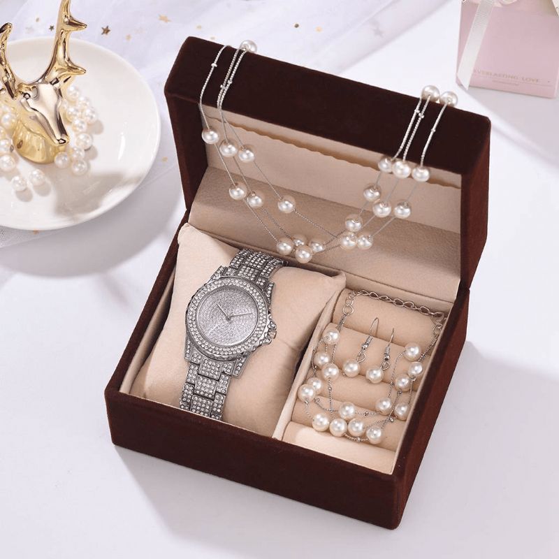 4 Pcs Femmes Montre Ensemble Complet Diamant Rond Montre Perle Bracelet Boucles D'oreilles Collier Cadeau Kit