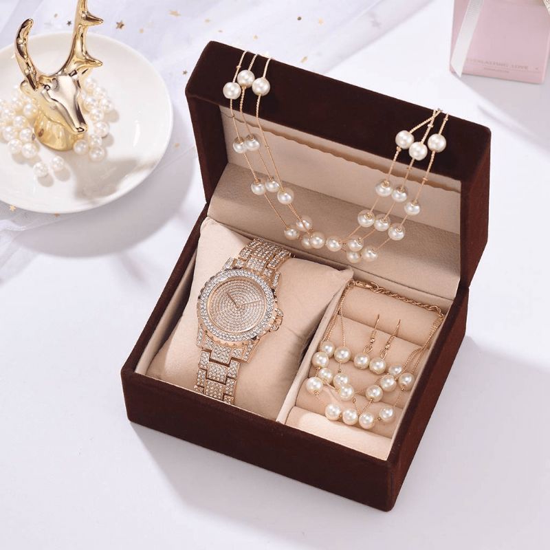 4 Pcs Femmes Montre Ensemble Complet Diamant Rond Montre Perle Bracelet Boucles D'oreilles Collier Cadeau Kit