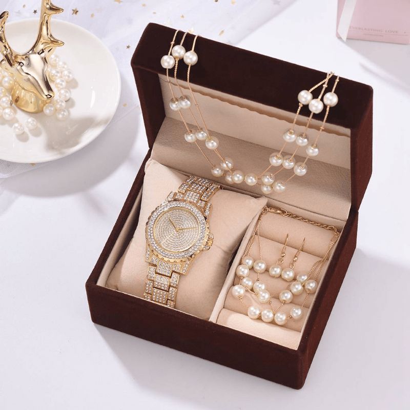 4 Pcs Femmes Montre Ensemble Complet Diamant Rond Montre Perle Bracelet Boucles D'oreilles Collier Cadeau Kit