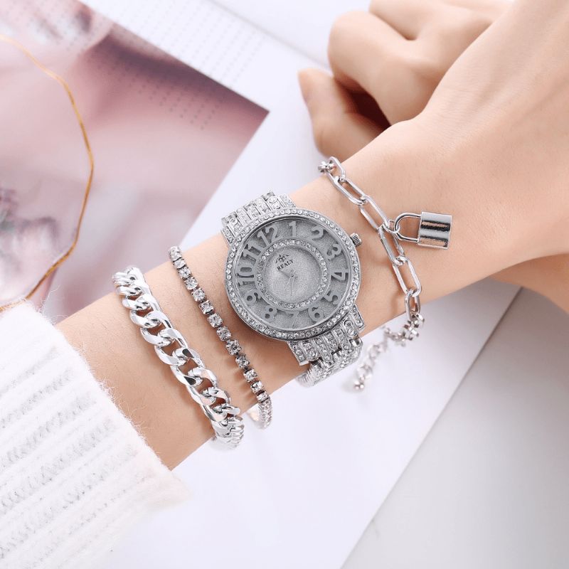 4 Pcs Mode Alliage Acier Inoxydable Grand Cadran Acier Bande Dame Quartz Montre Bracelet