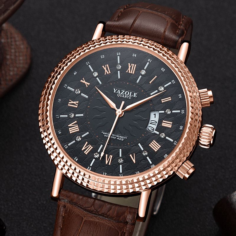 422 Bracelet En Cuir Chiffres Romains Cadran En Cristal Mode Hommes Étanche Montre À Quartz