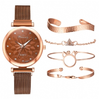 5 Pièces Combinaison Femmes Bracelet Montre Ensemble Fleur Cadran Maille Acier Bande Montre À Quartz