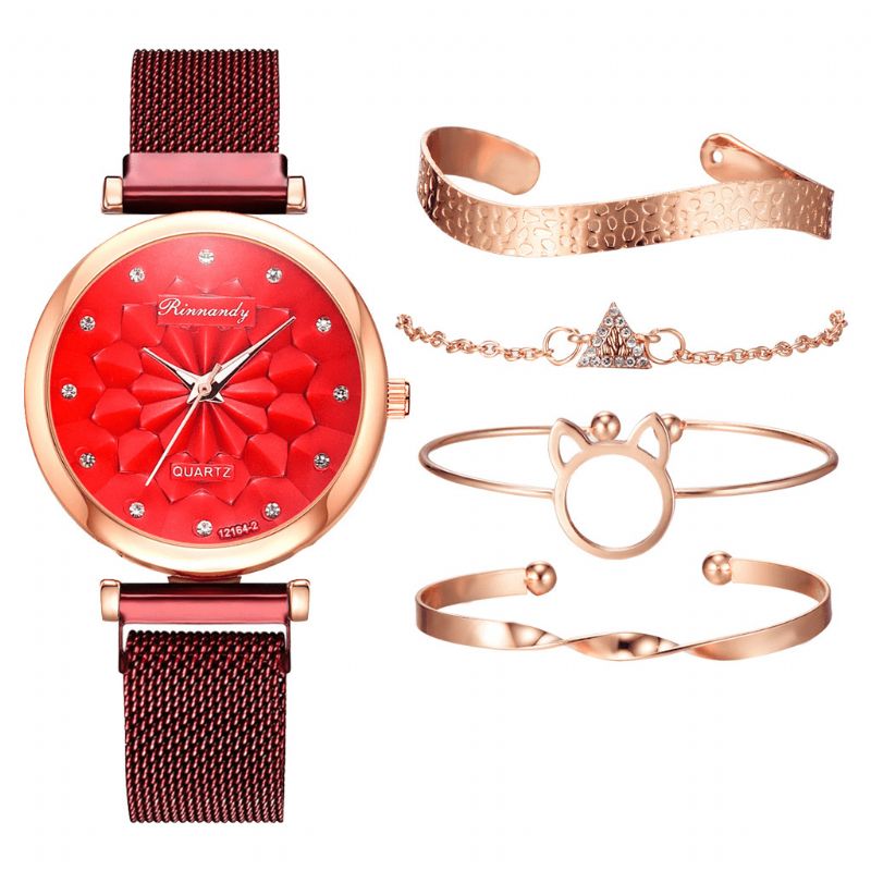 5 Pièces Combinaison Femmes Bracelet Montre Ensemble Fleur Cadran Maille Acier Bande Montre À Quartz