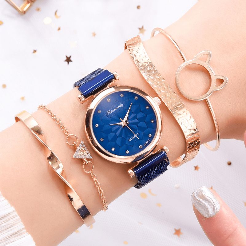 5 Pièces Combinaison Femmes Bracelet Montre Ensemble Fleur Cadran Maille Acier Bande Montre À Quartz