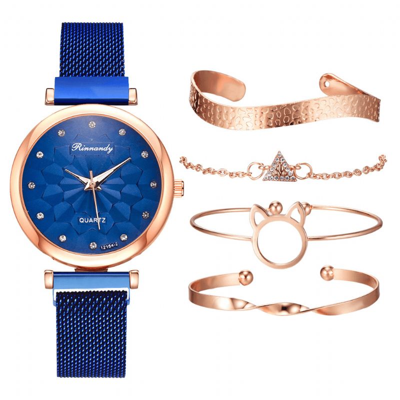 5 Pièces Combinaison Femmes Bracelet Montre Ensemble Fleur Cadran Maille Acier Bande Montre À Quartz