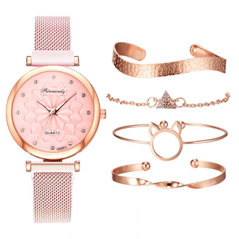 5 Pièces Combinaison Femmes Bracelet Montre Ensemble Fleur Cadran Maille Acier Bande Montre À Quartz