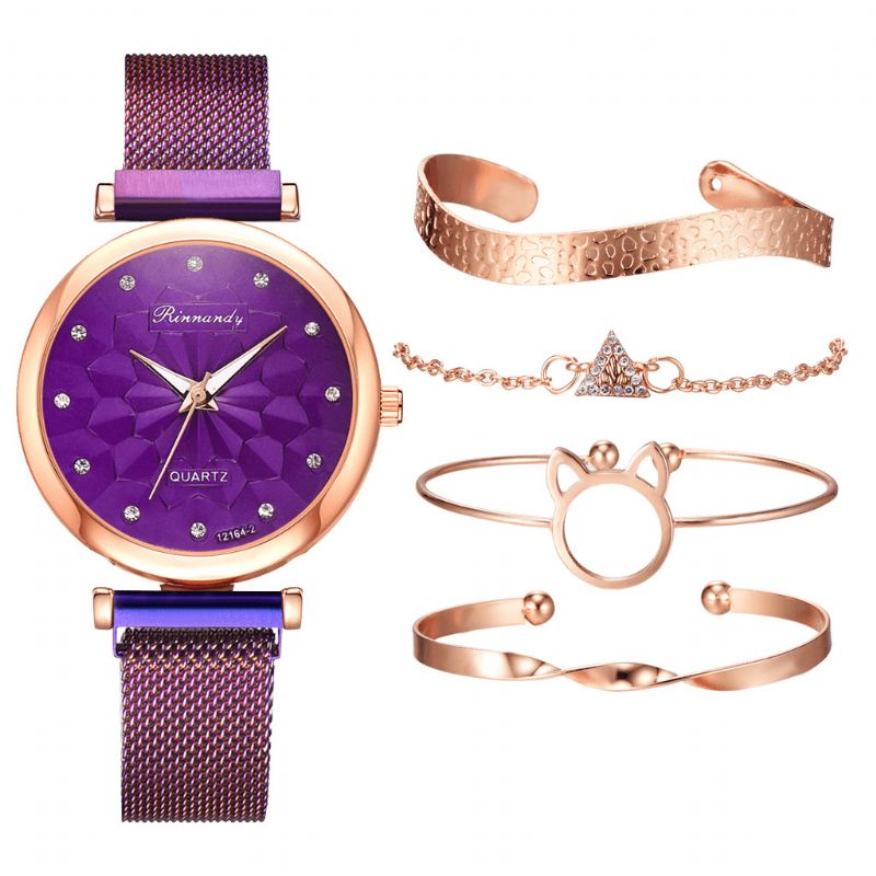 5 Pièces Combinaison Femmes Bracelet Montre Ensemble Fleur Cadran Maille Acier Bande Montre À Quartz