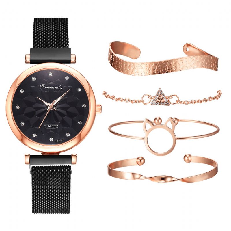 5 Pièces Combinaison Femmes Bracelet Montre Ensemble Fleur Cadran Maille Acier Bande Montre À Quartz