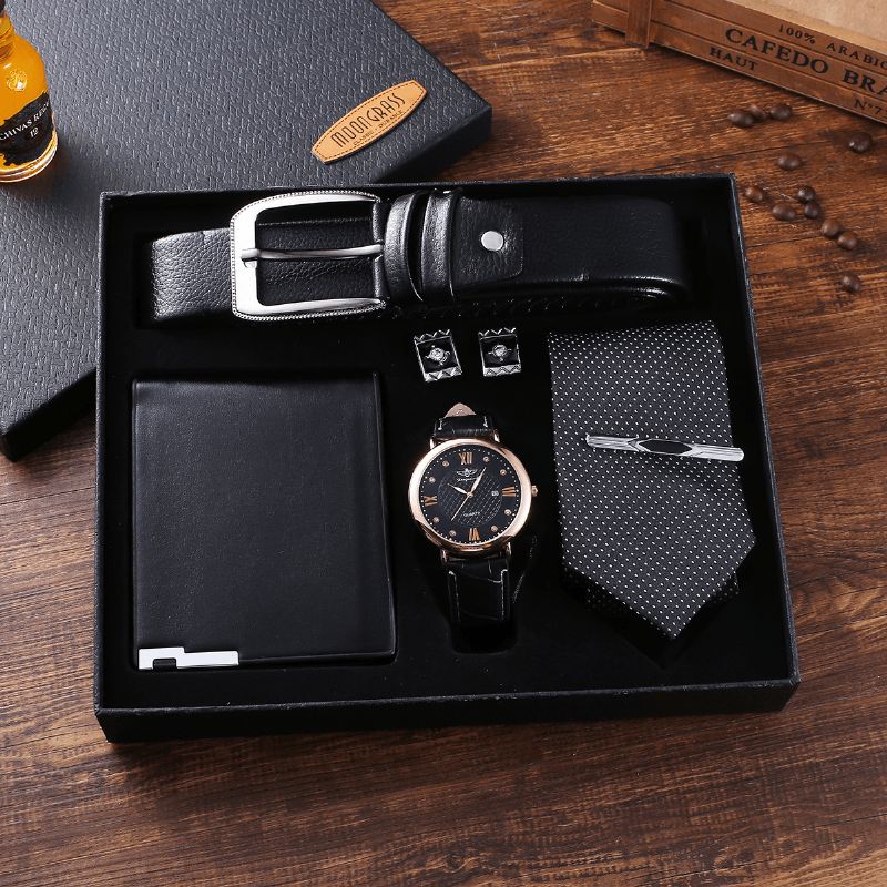 5 Pièces Hommes Affaires Montre Ensemble En Cuir Quartz Montre Ceinture Portefeuille Boutons De Manchette Cravate Cadeau Kit