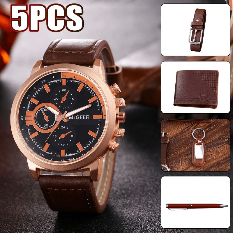 5 Pièces Mode Coffret Cadeau Affaires Grand Cadran Montre À Quartz + Stylo + Ceinture + Porte-clés + Portefeuille