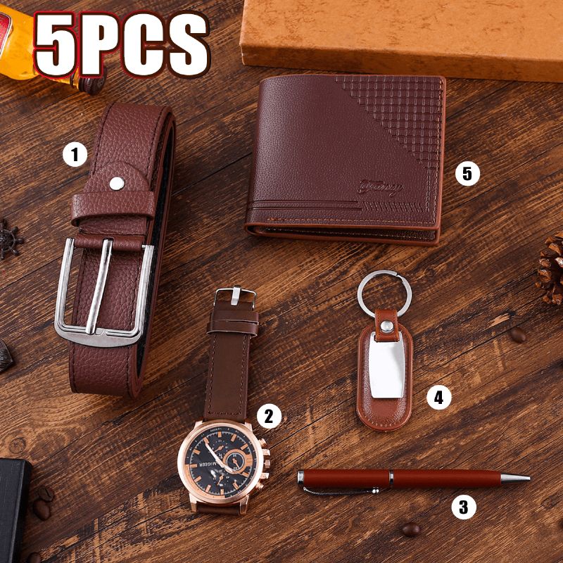 5 Pièces Mode Coffret Cadeau Affaires Grand Cadran Montre À Quartz + Stylo + Ceinture + Porte-clés + Portefeuille