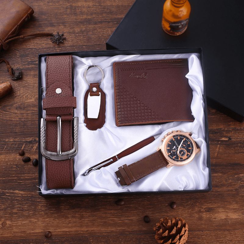 5 Pièces Mode Coffret Cadeau Affaires Grand Cadran Montre À Quartz + Stylo + Ceinture + Porte-clés + Portefeuille