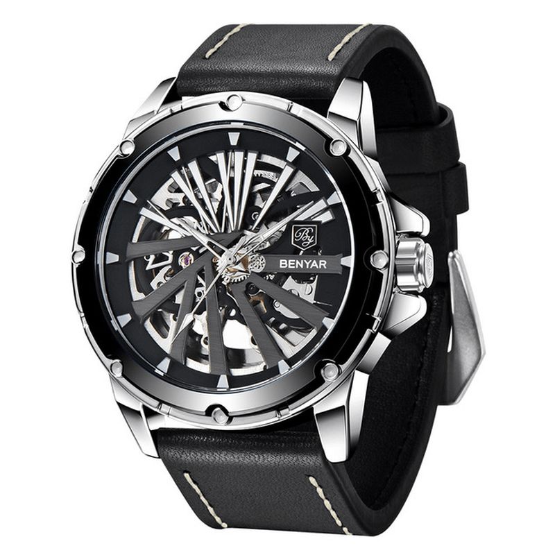 5173 Mode Sport Double Face Évidé Conception Bracelet En Cuir Pu 3atm Étanche Hommes Montre Mécanique Automatique