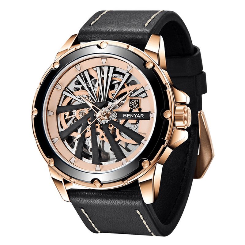 5173 Mode Sport Double Face Évidé Conception Bracelet En Cuir Pu 3atm Étanche Hommes Montre Mécanique Automatique