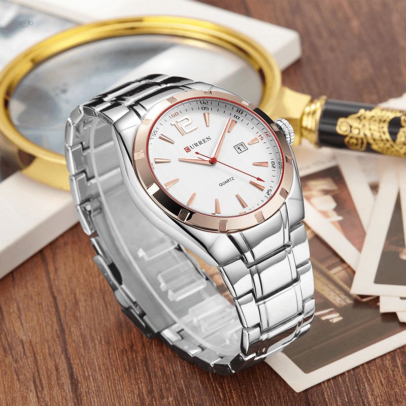 8103 Calendrier Étanche Hommes Montre-bracelet Pleine Bande D'acier Montres À Quartz