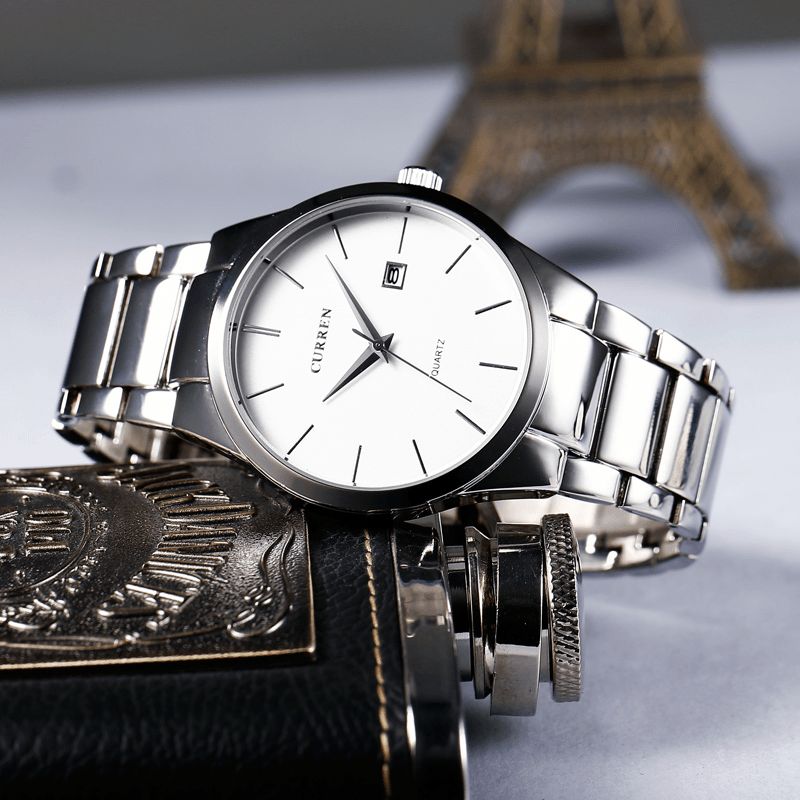 8103 Calendrier Étanche Hommes Montre-bracelet Pleine Bande D'acier Montres À Quartz