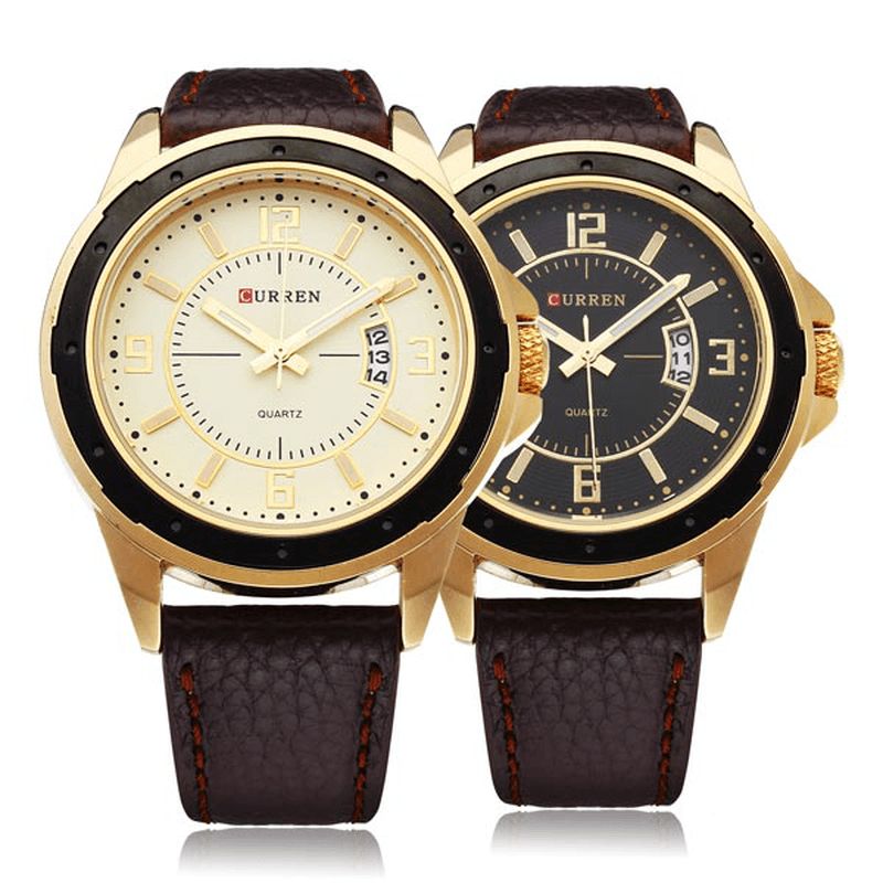 8124 Montre-bracelet Ronde Pour Hommes En Cuir Avec Date En Or Noir