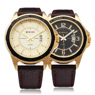 8124 Montre-bracelet Ronde Pour Hommes En Cuir Avec Date En Or Noir