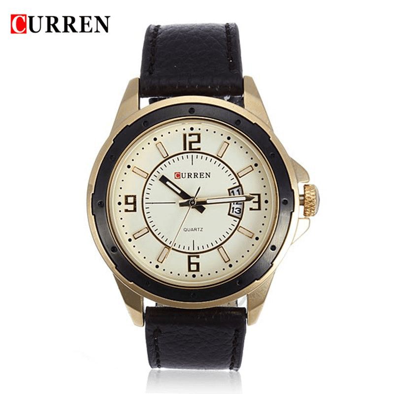 8124 Montre-bracelet Ronde Pour Hommes En Cuir Avec Date En Or Noir