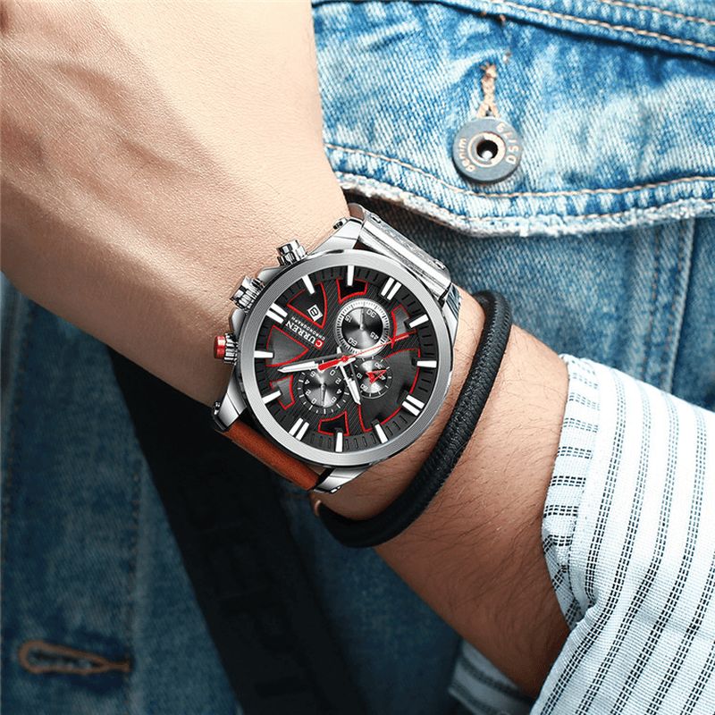 8346 Chronographe Sport Hommes Montre-bracelet Bracelet De Montre En Cuir Montre À Quartz