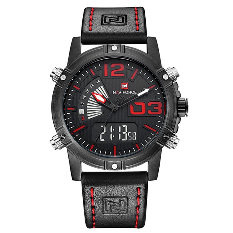 9095 Mode Sport Hommes Montre Décontractée Bracelet En Cuir Sport Double Mouvement Montre-bracelet