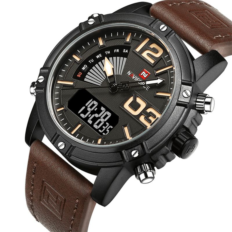 9095 Mode Sport Hommes Montre Décontractée Bracelet En Cuir Sport Double Mouvement Montre-bracelet