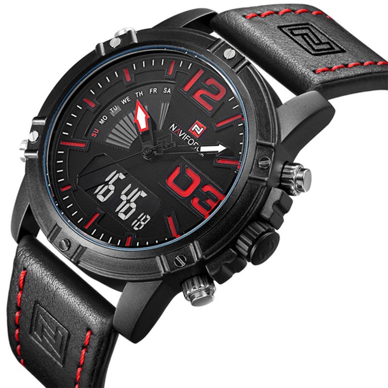 9095 Mode Sport Hommes Montre Décontractée Bracelet En Cuir Sport Double Mouvement Montre-bracelet