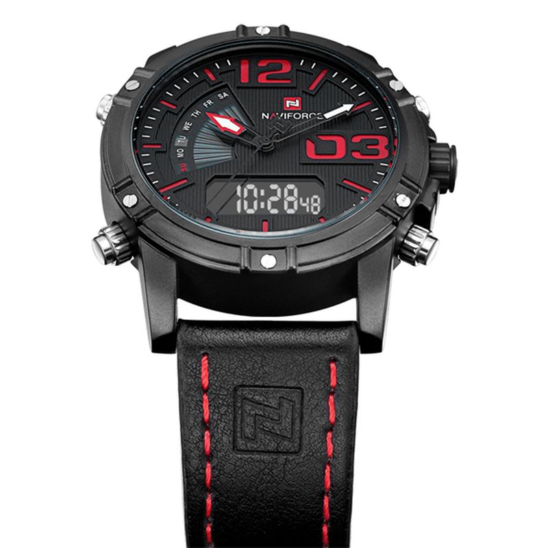 9095 Mode Sport Hommes Montre Décontractée Bracelet En Cuir Sport Double Mouvement Montre-bracelet