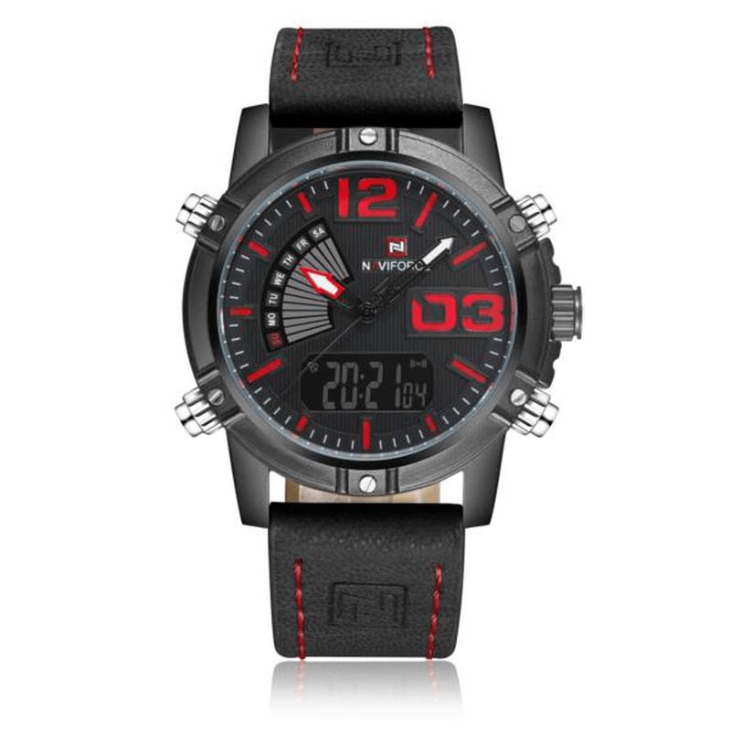 9095 Mode Sport Hommes Montre Décontractée Bracelet En Cuir Sport Double Mouvement Montre-bracelet