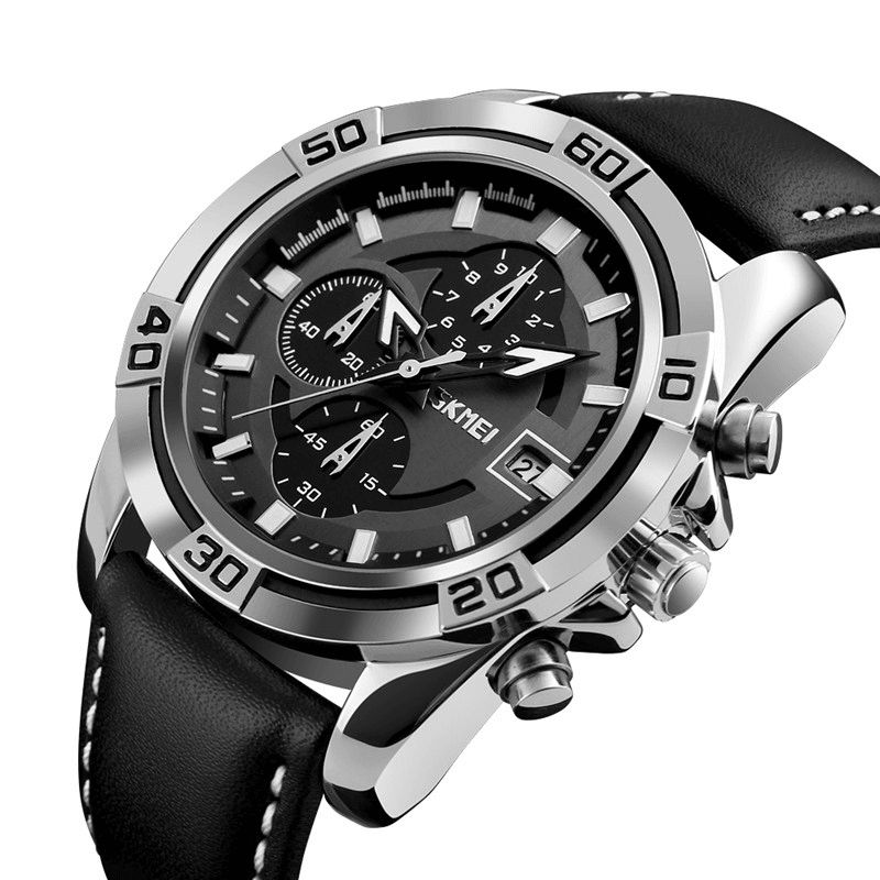 9156 Sport Montre Chronographe Bracelet En Cuir Étanche Hommes Quartz Montre-bracelet