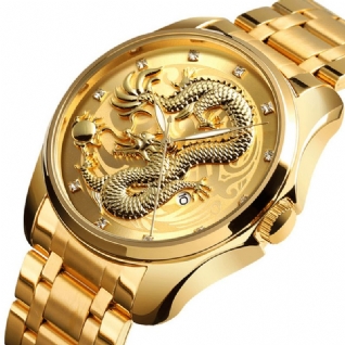 9193 Luxe Dragon Chinois Motif Doré Étanche Hommes Montre À Quartz Montre