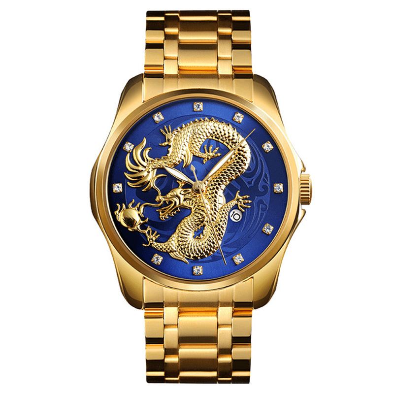 9193 Luxe Dragon Chinois Motif Doré Étanche Hommes Montre À Quartz Montre